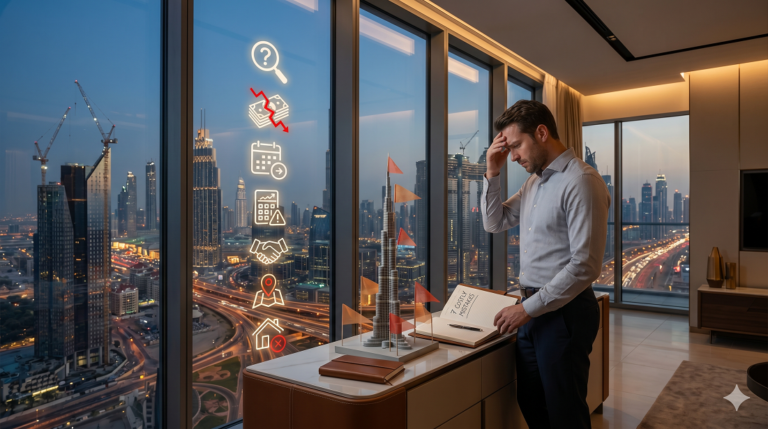 A realistic photograph of a thoughtful investor standing by a high-rise window in Dubai, looking at an open notebook labeled 7 Costly Mistakes. The window reflects seven glowing neon icons representing real estate pitfalls, next to a miniature Burj Khalifa model with red flags.