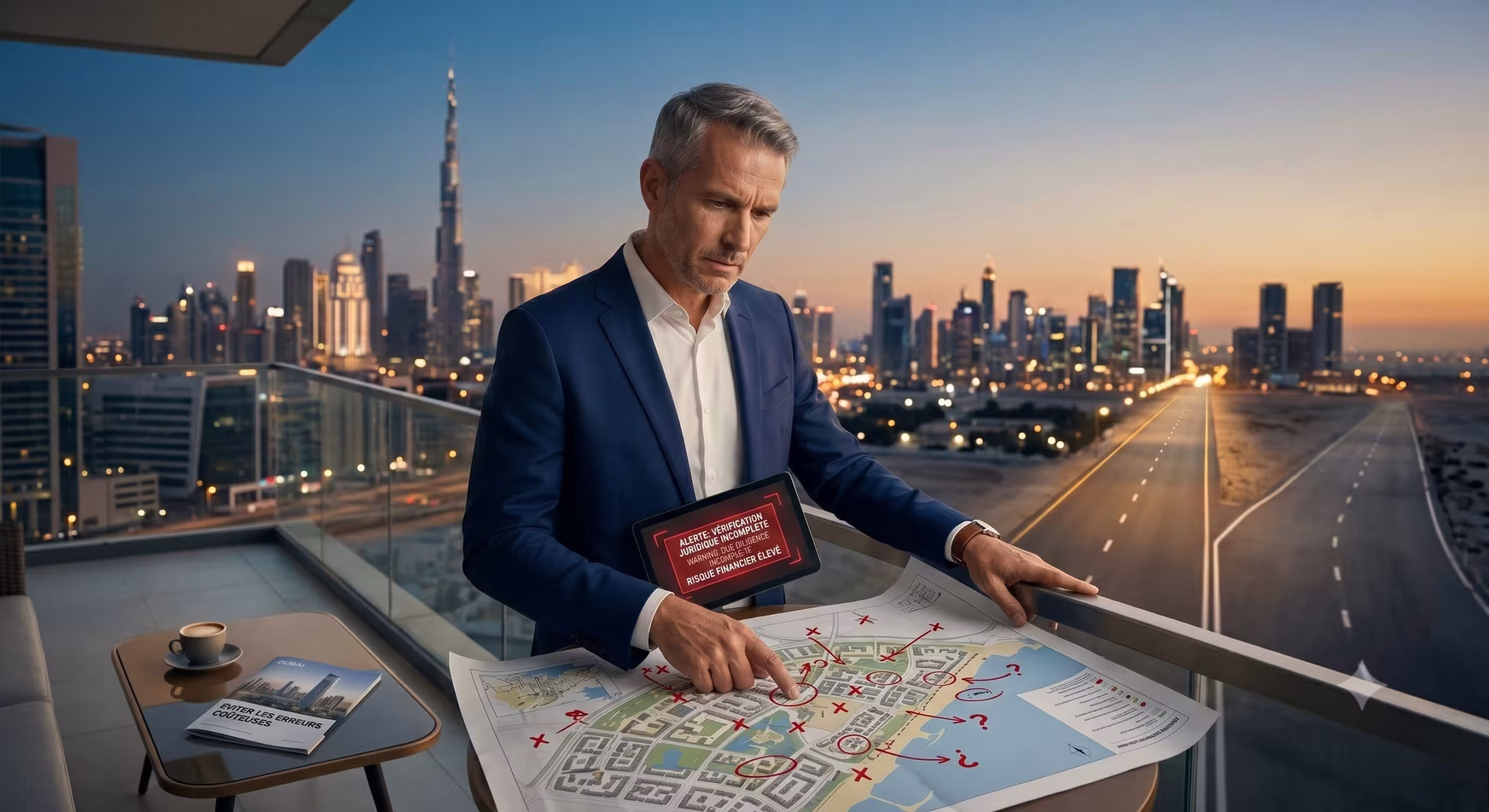 Un investisseur inquiet analyse les risques et les pièges financiers sur un plan immobilier à Dubaï.