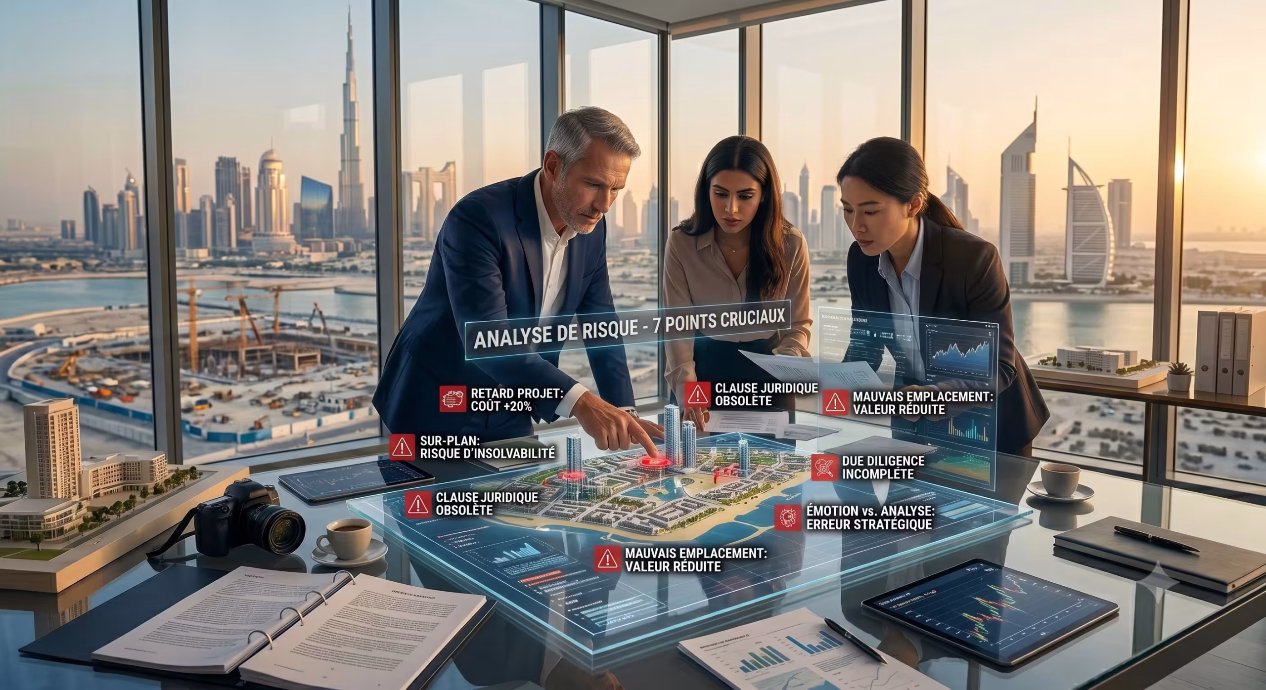 Immobilieninvestoren analysieren Risiken und kritische Fehler auf einem Plan von Dubai, um Fehlentscheidungen zu vermeiden.