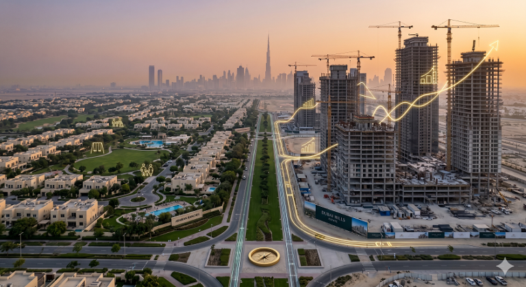 A realistic aerial real estate photograph comparing the low-rise green villa community of Arabian Ranches with family icons on the left, and the modern high-rise towers of Dubai Hills Estate with a glowing neon growth chart on the right, under a sunset sky.