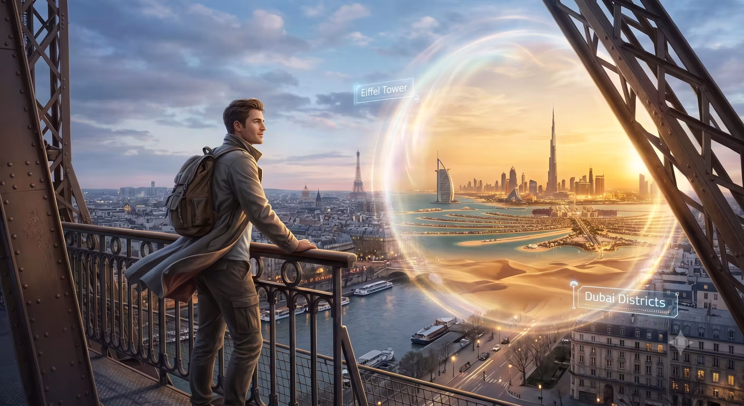 Un investisseur depuis la Tour Eiffel à Paris analyse un écran holographique affichant les rendements locatifs élevés à Dubaï, comme à Business Bay et JVC.