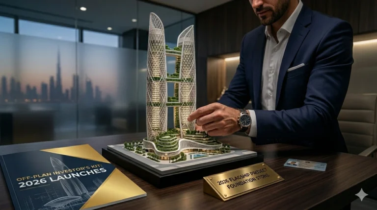 An investor examining a futuristic 3D architectural model of upcoming 2026 Dubai real estate launches with an off-plan investment guide on the desk.
