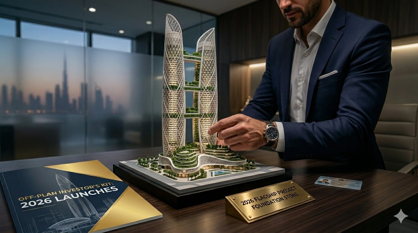 An investor examining a futuristic 3D architectural model of upcoming 2026 Dubai real estate launches with an off-plan investment guide on the desk.