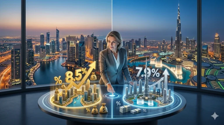 A female real estate analyst interacting with a holographic table comparing Business Bay property models showing an 8.5% yield arrow against Downtown Dubai with Burj Khalifa showing a 7.9% yield.