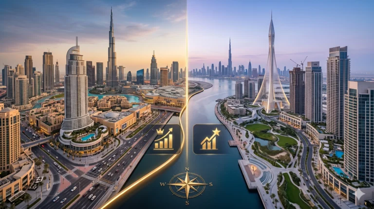 An aerial split-screen comparison of Dubai real estate hotspots, showing Downtown Dubai with Burj Khalifa and a crown growth icon on the left, and Dubai Creek Harbour's waterfront skyline with a star growth icon on the right, divided by a golden line and a compass.