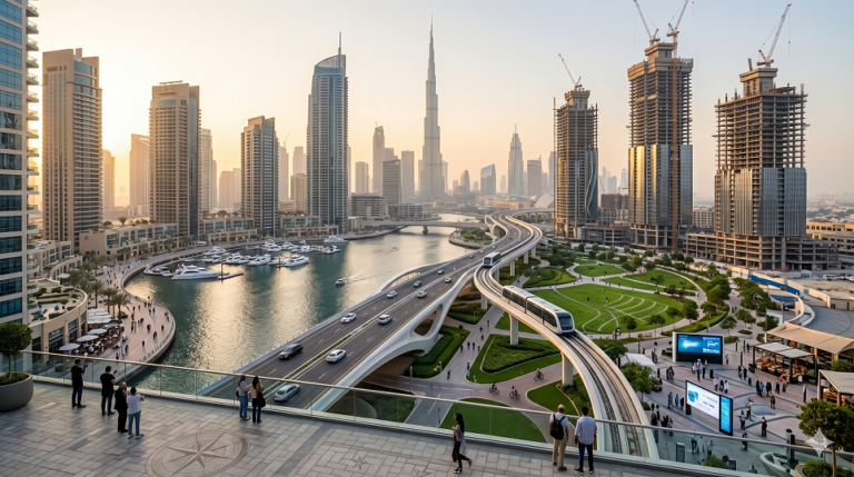 A realistic panoramic photograph of Dubai's modern urban infrastructure, featuring a waterfront promenade, a driverless metro line integrated with green parks, and high-rise towers under construction with the Burj Khalifa skyline in the background.
