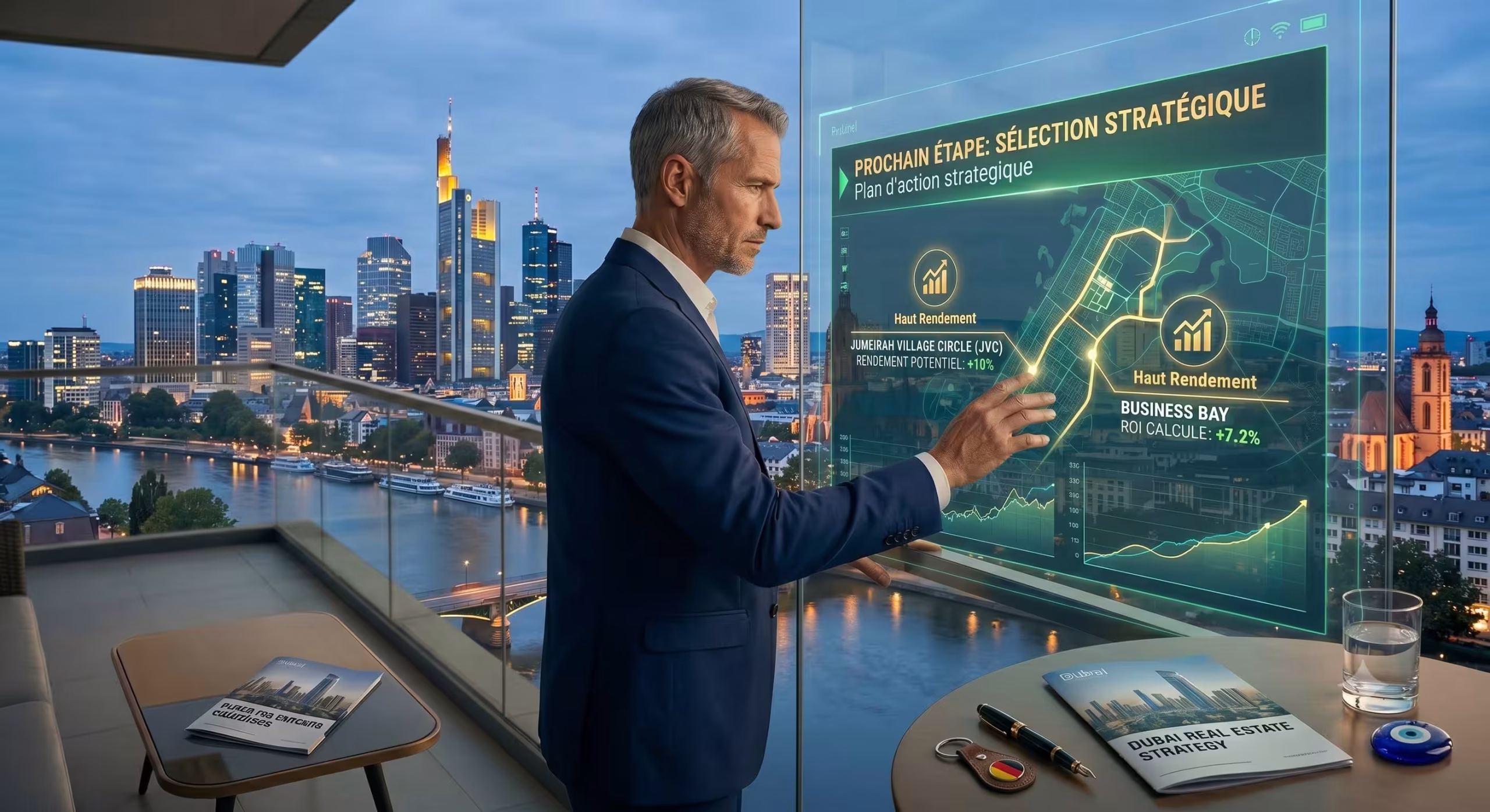 Ein High-Tech-Hologramm auf einem Schreibtisch zeigt eine 3D-Karte von Dubai mit den Top 10 renditestarken Immobiliengebieten wie Business Bay und JVC für Investoren.
