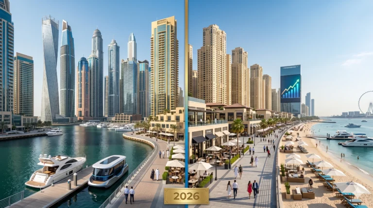 A split-screen architectural comparison for 2026 real estate investments, showing the luxury canal and skyscrapers of Dubai Marina on the left versus the vibrant beachfront promenade of JBR with Ain Dubai on the right.