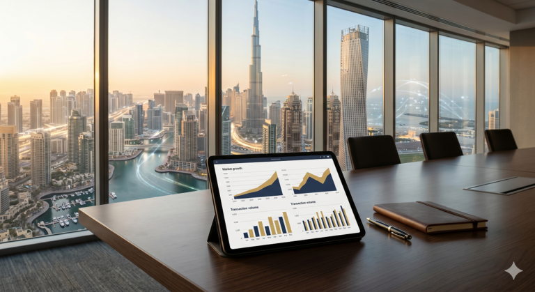 A realistic architectural and corporate photograph of the Dubai skyline at sunset, viewed from a modern boardroom window with a digital tablet in the foreground displaying clean, textless real estate market growth charts for the Q3 2026 property report.