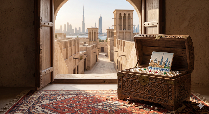 A realistic photograph of an open wooden treasure chest filled with pearls and a miniature painting of Dubai skyline, placed on an oriental rug inside a traditional building looking out towards modern Burj Khalifa through an archway.