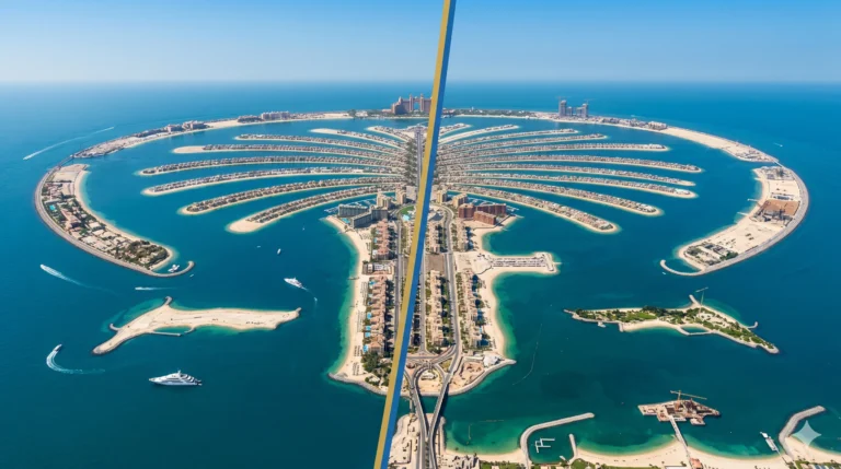 An aerial split-screen comparison of Dubai's iconic palm islands, showcasing the fully developed, luxury Palm Jumeirah on the left and the developing, high-potential Palm Jebel Ali project on the right.