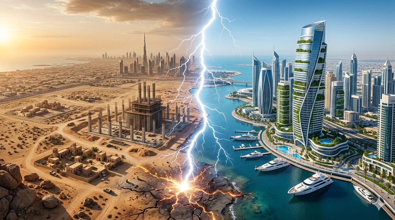 A dramatic conceptual split-screen image divided by a powerful lightning bolt, showing raw under-construction foundations in a desert landscape on the left (off-plan) and a completed ultra-modern Dubai luxury marina with skyscrapers and yachts on the right (ready property).