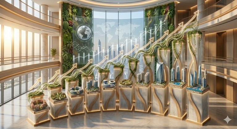 A realistic photograph of a modern luxury showroom with ten marble pillars arranged as a rising bar chart. Each pillar holds a detailed miniature model of a Dubai area (Dubai Marina, JVC, Business Bay) adorned with green vines and a glowing upward growth arrow, in front of a vertical garden wall.