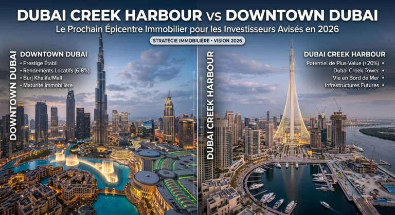 Comparaison visuelle entre Downtown Dubai avec le Burj Khalifa et Dubai Creek Harbour avec sa tour emblématique en construction