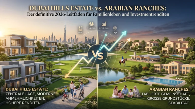 Vergleichsgrafik Dubai Hills Estate mit moderner Villa und Skyline versus Arabian Ranches mit Golfplatz und Familien in etablierter Community