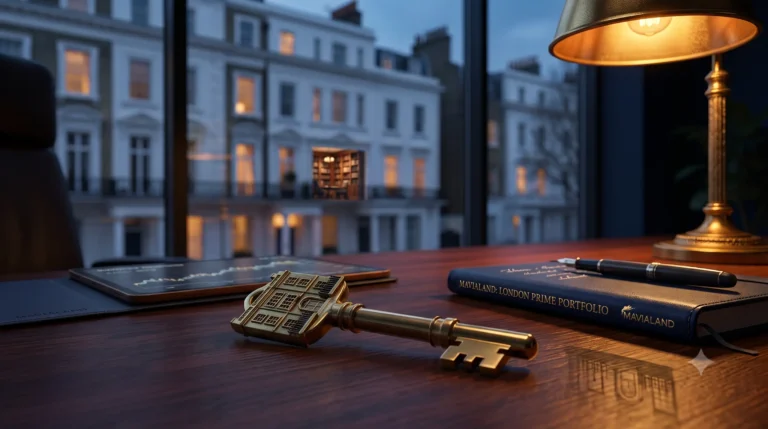 Une clé de propriété en laiton poli sur un bureau de direction en bois foncé, avec des maisons de ville classiques de Londres floues en arrière-plan à la tombée de la nuit.