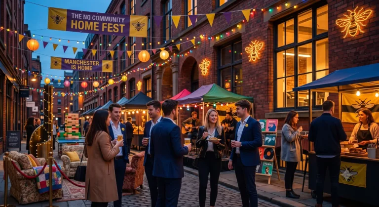 Rue animée du Northern Quarter à Manchester lors du Community Home Fest, avec habitants et décorations de rue