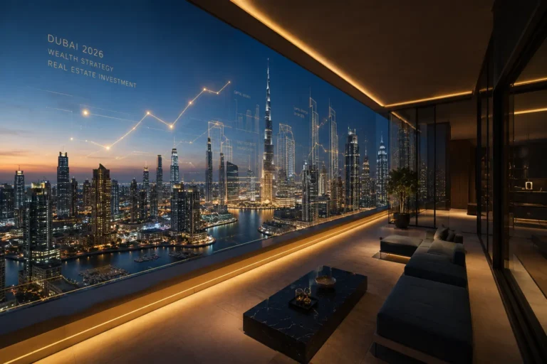 Salon de luxe avec vue sur la skyline de Dubaï et Burj Khalifa, superposition graphique de croissance des investissements immobiliers