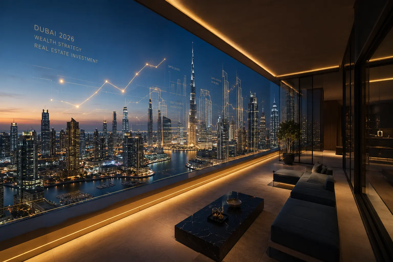 Salon de luxe avec vue sur la skyline de Dubaï et Burj Khalifa, superposition graphique de croissance des investissements immobiliers
