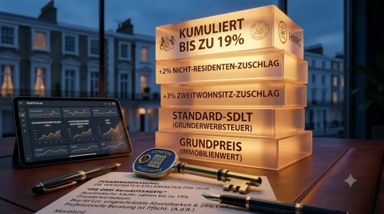 Ein loderndes, semi-transparentes Gebäude aus beleuchteten Textblöcken mit deutschen Aufschriften wie 'KUMULIERT BIS ZU 19%', 'NICHT-RESIDENTEN-ZUSCHLAG', und 'SDLT' gegen die Londoner Skyline. Im Vordergrund ein Schreibtisch mit einem lüksy-Schlüssel und einem Notizbuch mit der Aufschrift 'Zusammenfassung: Die wichtigsten Steuerfakten für 2026'.