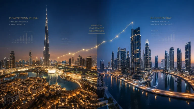 Nächtlicher Vergleich zwischen Downtown Dubai mit Burj Khalifa und Business Bay Skyline mit Wertsteigerungsdiagrammen