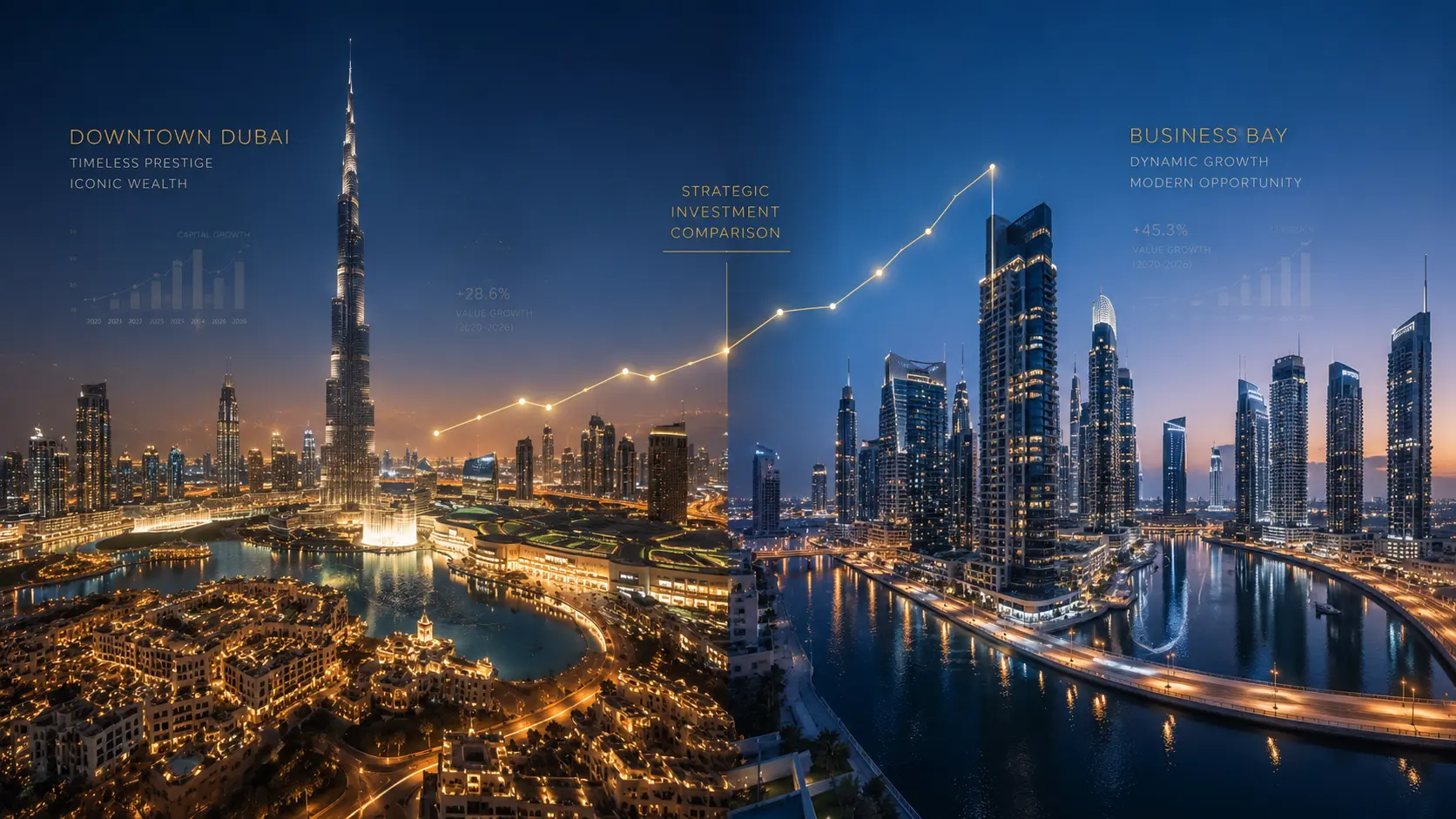 Nächtlicher Vergleich zwischen Downtown Dubai mit Burj Khalifa und Business Bay Skyline mit Wertsteigerungsdiagrammen