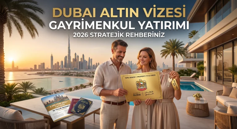 Çift Dubai'de tapu senedi ve altın vize pasaportlarını tutuyor, arkada Burj Khalifa manzaralı lüks villa terası