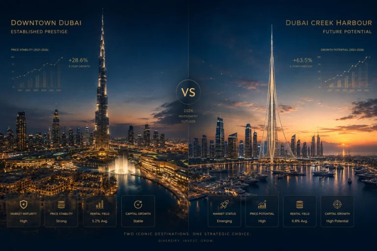 Downtown Dubai Skyline mit Burj Khalifa bei Sonnenuntergang, überlagert mit Immobilienmarkt-Wachstumsdaten und ROI-Statistiken