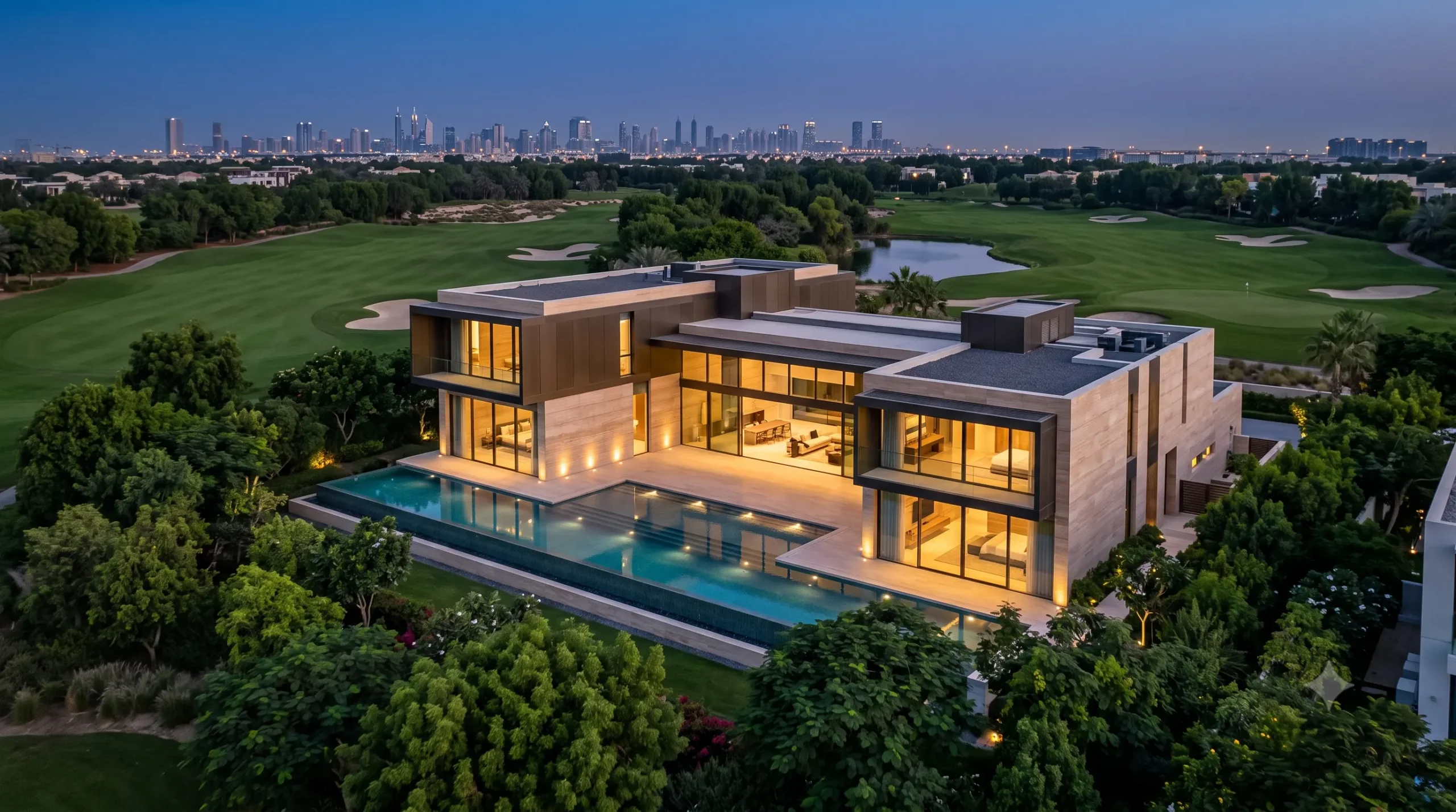 Dubai Hills Estate'te golf sahasına ve şehir manzarasına bakan modern lüks villa, havuz ve Dubai skyline