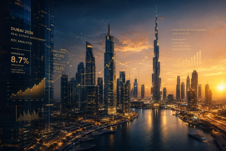 Dubai Skyline mit Burj Khalifa bei Sonnenuntergang, überlagert mit ROI-Statistiken und Wachstumsdiagrammen für Immobilieninvestitionen 2026