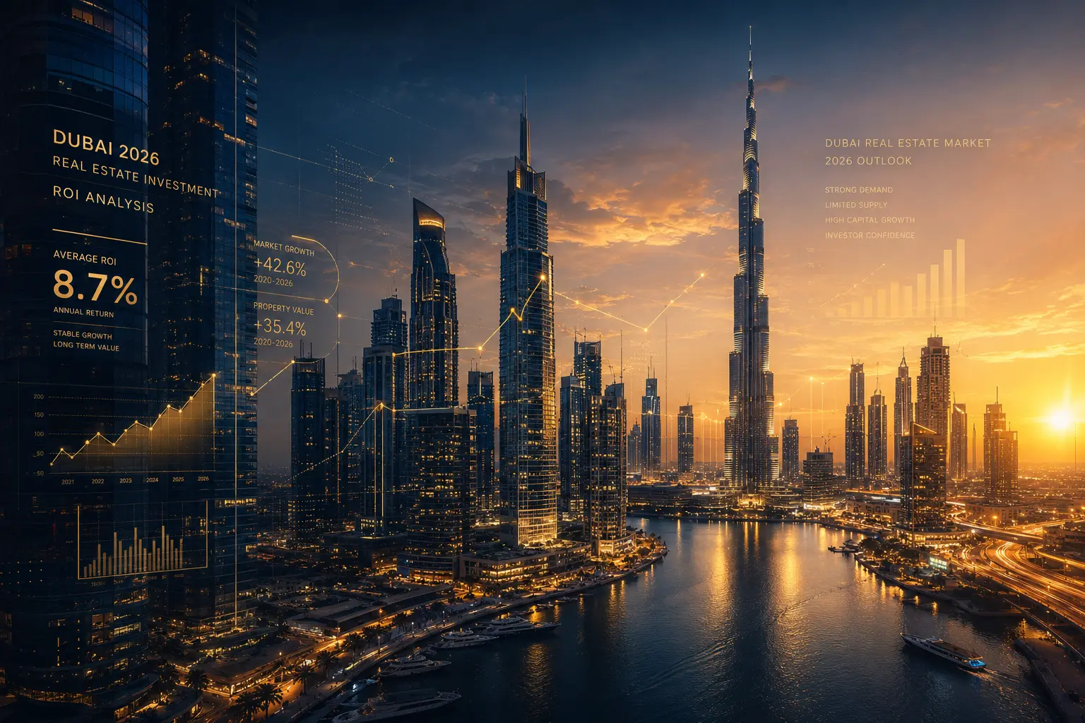 Dubai Skyline mit Burj Khalifa bei Sonnenuntergang, überlagert mit ROI-Statistiken und Wachstumsdiagrammen für Immobilieninvestitionen 2026