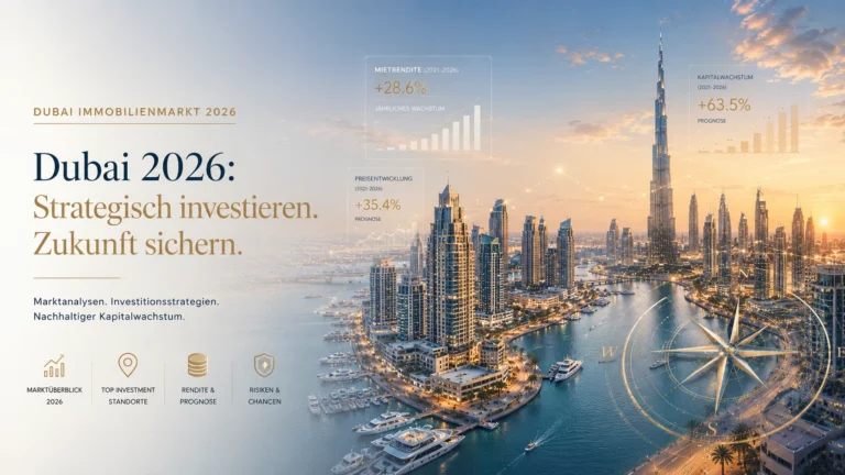 Dubai Skyline mit Burj Khalifa bei Sonnenuntergang, Marktdaten zu Mietrendite, Preisentwicklung und Kapitalwachstum sowie Kompass für Investmentstrategie 2026