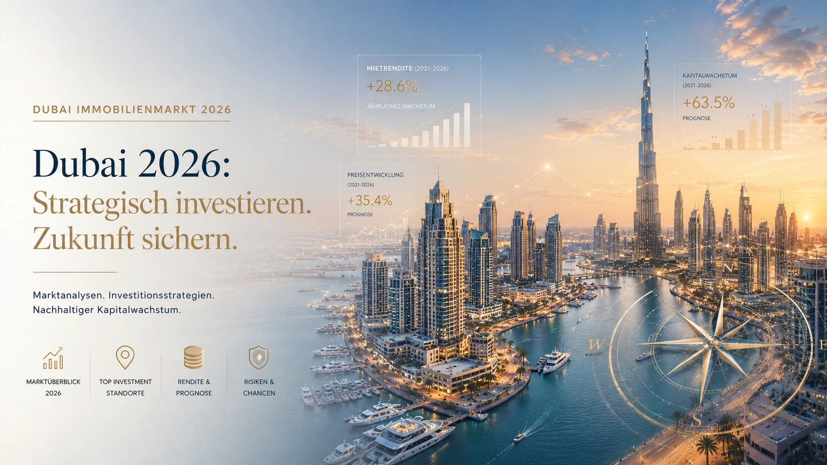 Dubai Skyline mit Burj Khalifa bei Sonnenuntergang, Marktdaten zu Mietrendite, Preisentwicklung und Kapitalwachstum sowie Kompass für Investmentstrategie 2026
