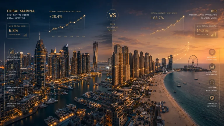 Vergleichsgrafik Dubai Marina mit Yachthafen und Wolkenkratzern versus JBR mit Strand und Riesenrad, mit Mietrendite- und Wertsteigerungsstatistiken