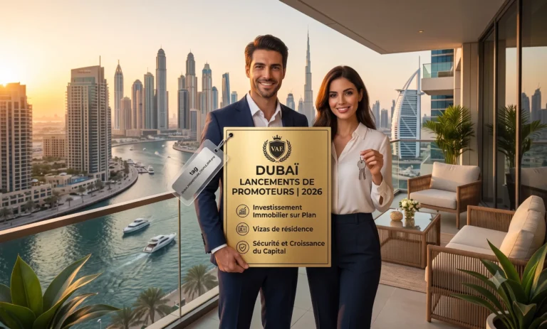 Couple d'investisseurs tenant une pancarte sur les lancements de promoteurs à Dubaï 2026, avec vue sur Burj Khalifa et Burj Al Arab