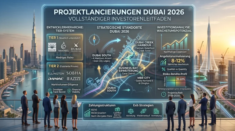 Investoren-Infografik zu Projektlancierungen Dubai 2026 mit Entwicklerhierarchie, Standortkarte und Investitionsanalyse vor Dubai-Skyline