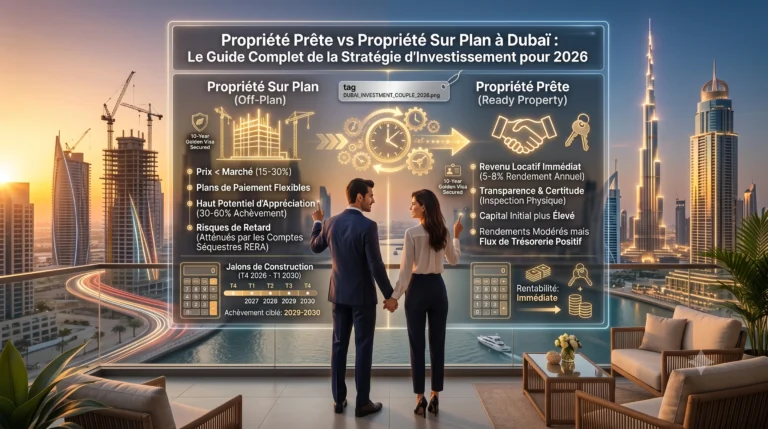 Couple comparant les avantages de la propriété sur plan et de la propriété prête à Dubaï sur un écran interactif, vue sur Burj Khalifa