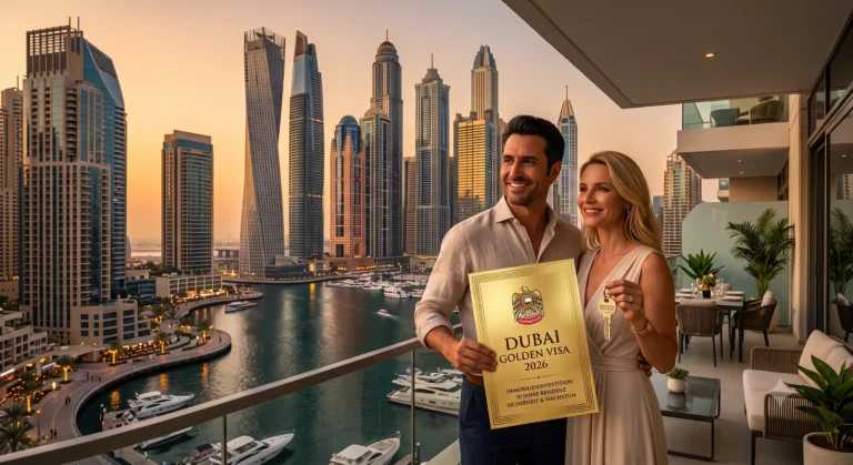 Paar hält Dubai Golden Visa Zertifikat und Wohnungsschlüssel auf Balkon mit Blick auf die Skyline von Dubai Marina