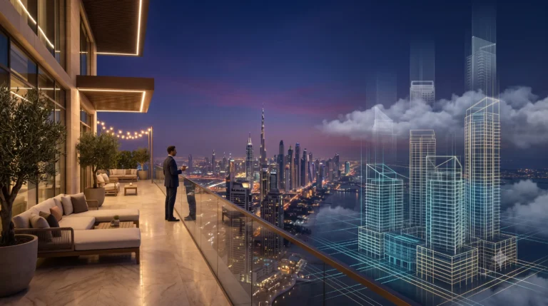 Investor betrachtet Dubai Skyline mit fertigen Wolkenkratzern und Off-Plan-Gebäuden im Bau