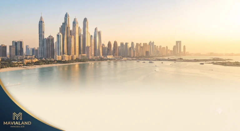 Vue panoramique du skyline de Dubai Marina au coucher du soleil, illustrant le marché immobilier pour l'investissement Visa Gold