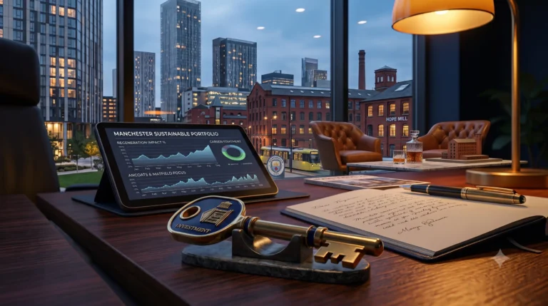 Ein premium Apartment-Interieur im Manchester City Centre mit bodentiefen Fenstern, Blick auf Mayfield Park und die Skyline bei Dämmerung, lüks-vibe.