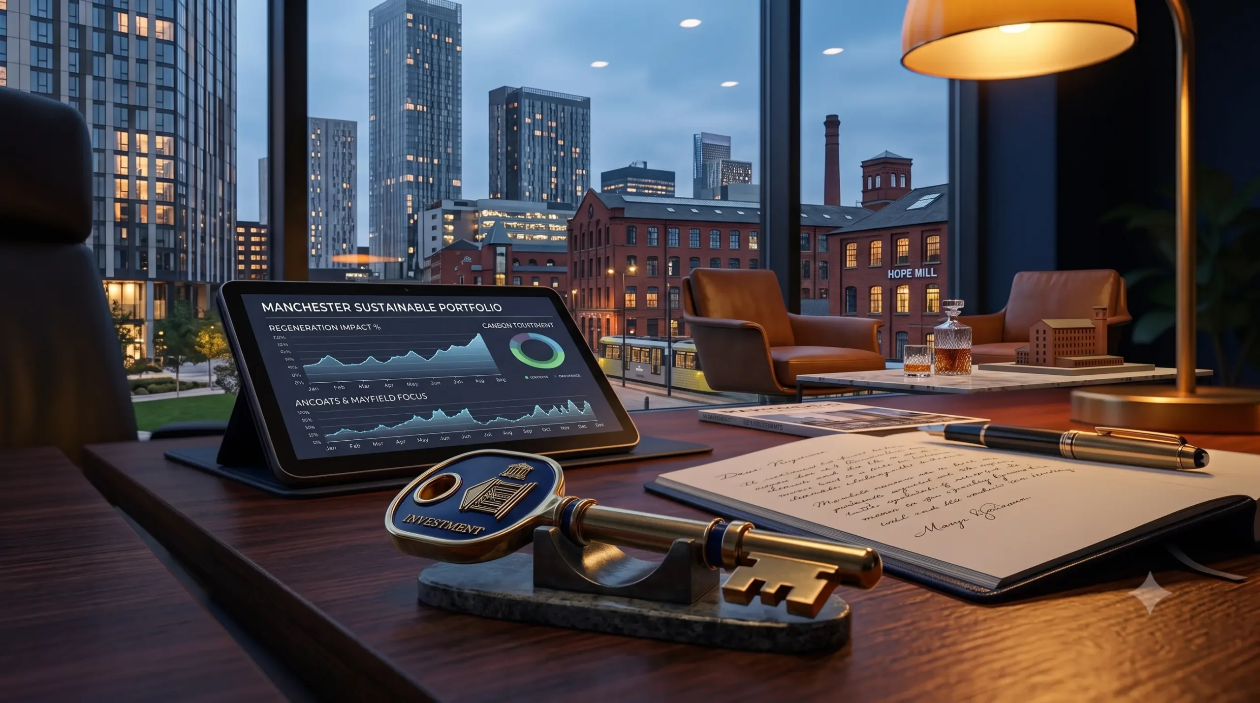 premium high-end apartment interior in Manchester City Centre featuring a blend of industrial red-brick heritage and modern luxury architecture with floor-to-ceiling windows.