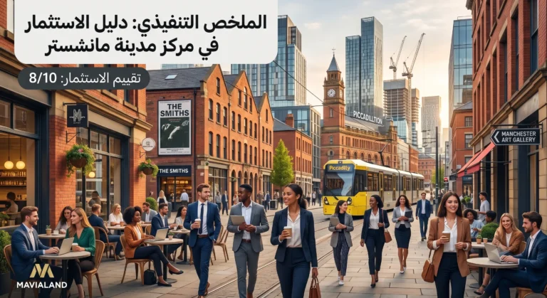 مهنيون شباب يسيرون في شارع تجاري بمركز مدينة مانشستر بجانب ترام بيكاديلي، يوضح الحياة الحضرية النابضة وفرصة الاستثمار العقاري