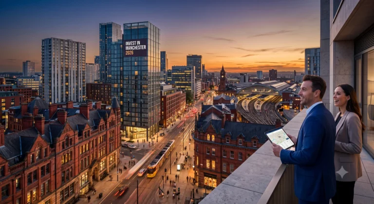 Manchester Şehir Merkezi'nde gün batımında bir balkon manzarasında duran yatırımcılar.