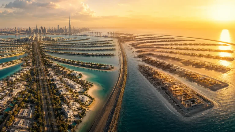 Kuş bakışı gün batımı görünümü: solda tamamlanmış Palm Jumeirah ve Dubai skyline, sağda inşaat halindeki Palm Jebel Ali