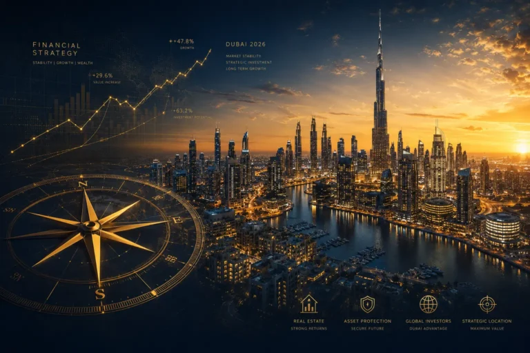 Skyline de Dubaï au coucher du soleil avec Burj Khalifa, boussole dorée et graphiques de croissance illustrant la stratégie d'investissement 2026