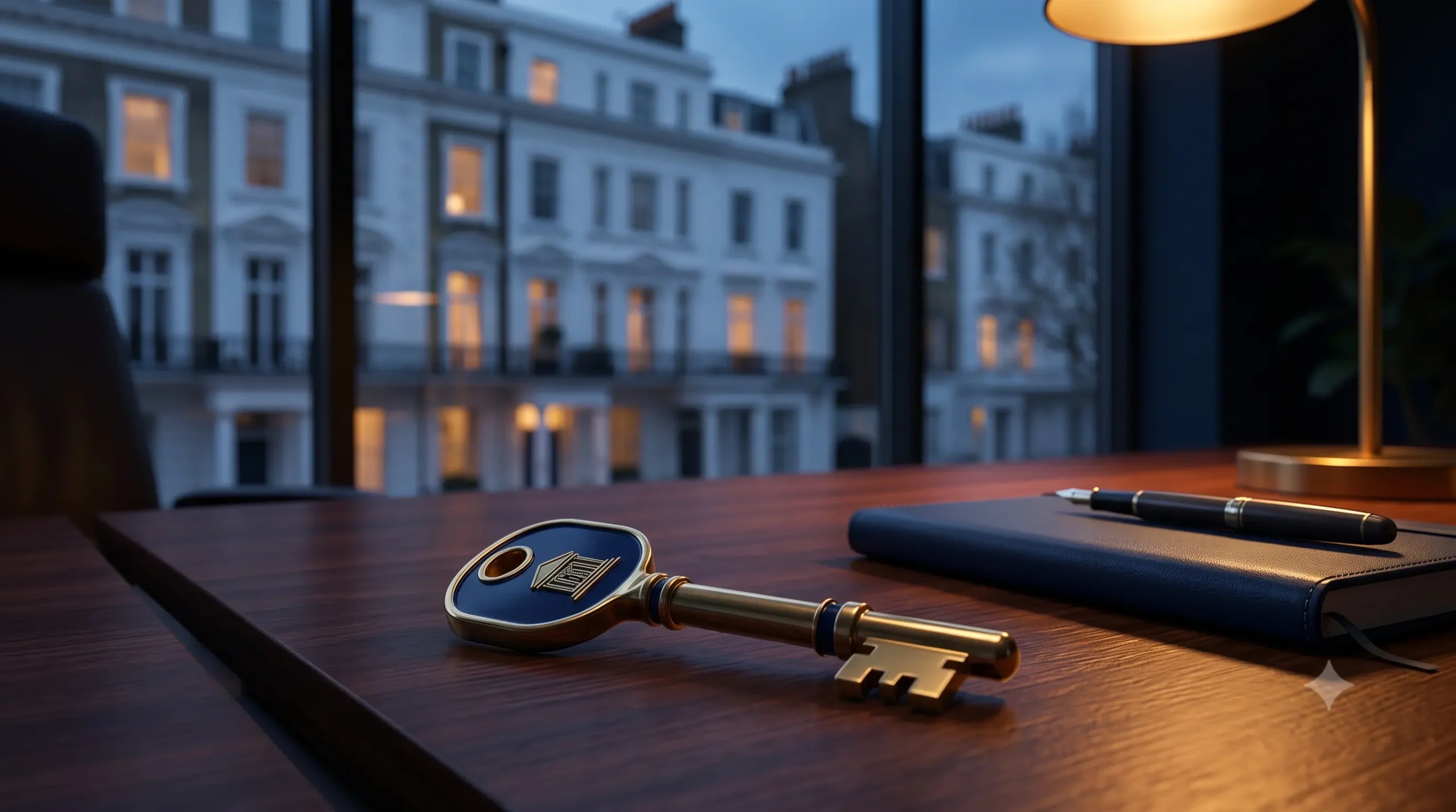 A premium golden real estate key on a dark executive desk with classic white London townhouses blurred in the background.