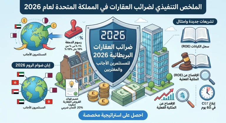 إنفوجرافيك يوضح ملخص ضرائب العقارات البريطانية لعام 2026 للمستثمرين الأجانب والمغتربين، يشمل رسوم الدمغة وضريبة أرباح رأس المال