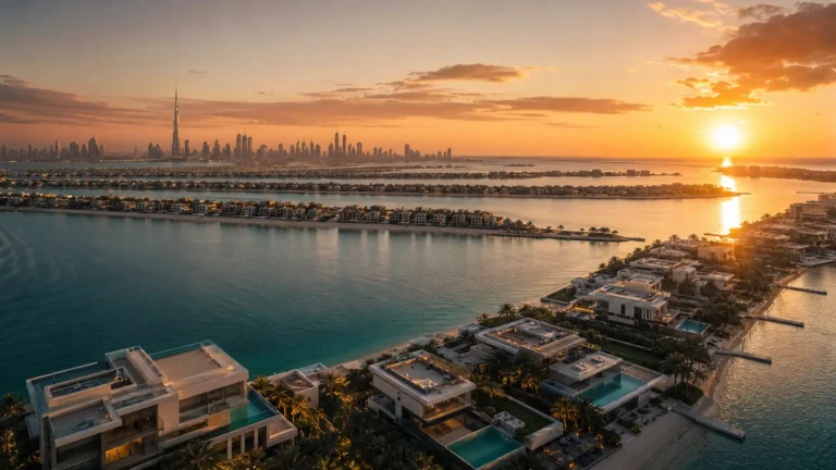 Vue aérienne au coucher du soleil de Palm Jumeirah avec villas de luxe et skyline de Dubaï avec le Burj Khalifa en arrière-plan