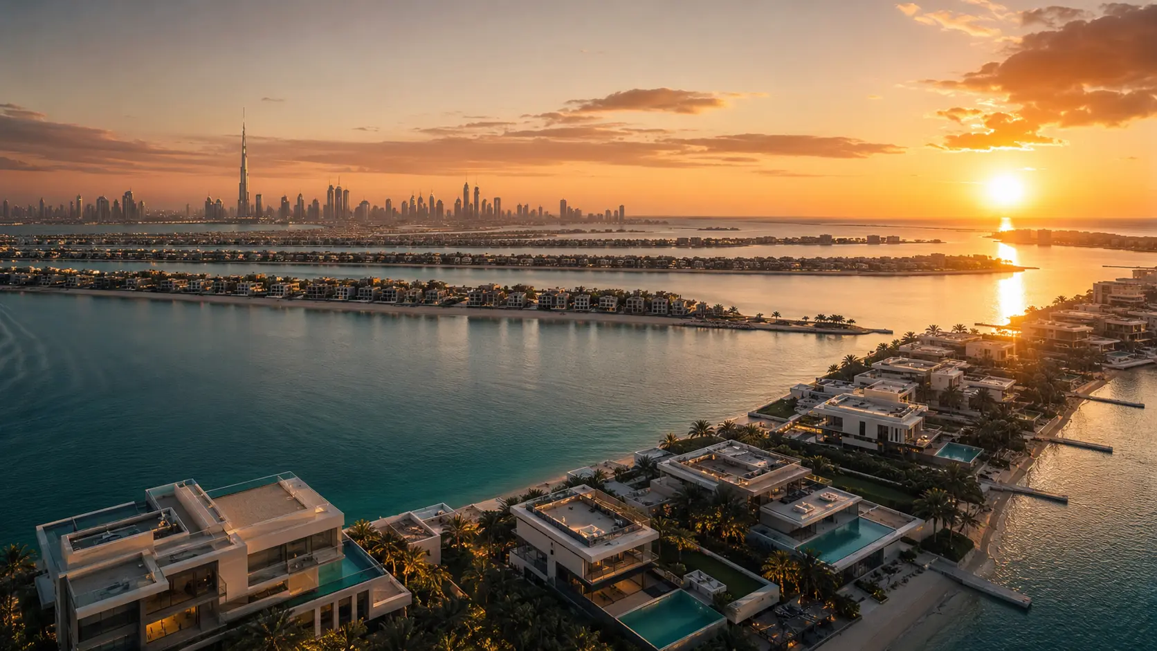 Vue aérienne au coucher du soleil de Palm Jumeirah avec villas de luxe et skyline de Dubaï avec le Burj Khalifa en arrière-plan